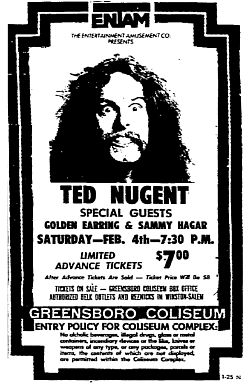 Ted Nugent with Golden Earring and Sammy Hagar show ad February 04, 1978 Greensboro - Coliseum